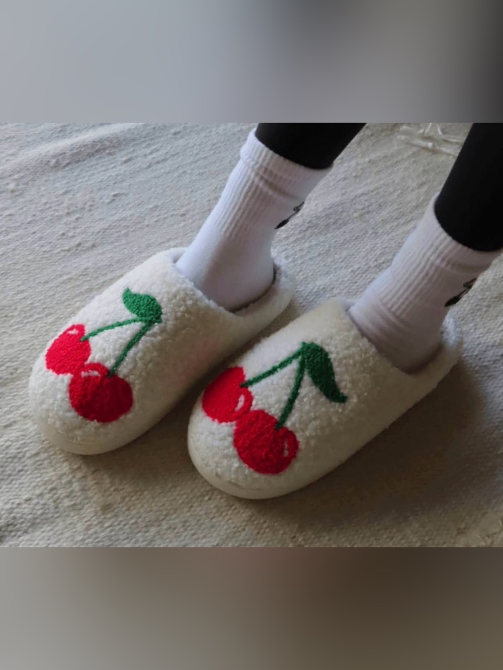 Cozy Cherry Sherpa Women's Slippers - White with Red Cherry Accent